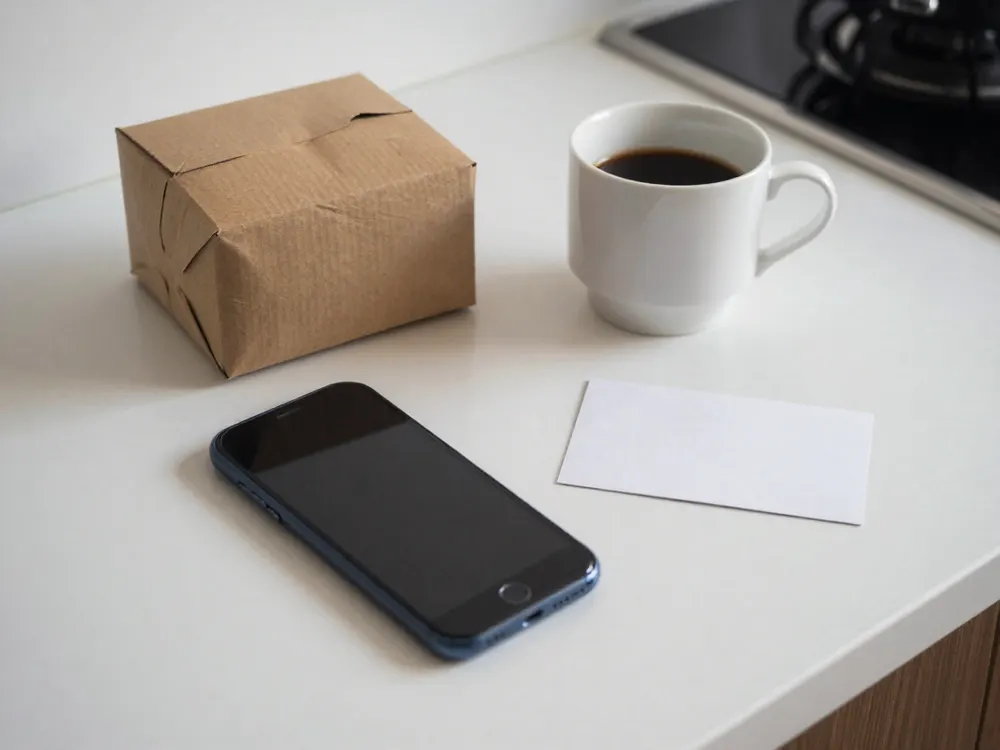 Smartphone with a dark screen beside a small kraft parcel, a blank card and a cup of coffee on a kitchen counter