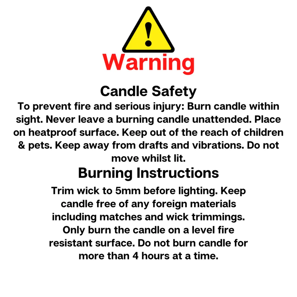 Candle safety warning label with burning instructions under a yellow warning triangle