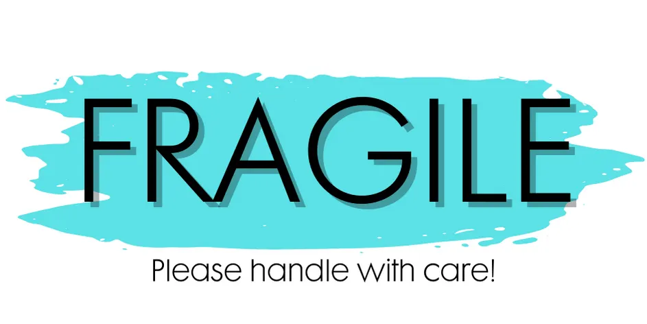 Fragile, please handle with care sticker on a turquoise brush stroke