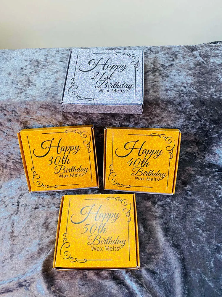 Gold and silver milestone birthday wax melt boxes for 18th, 30th and 40th birthdays