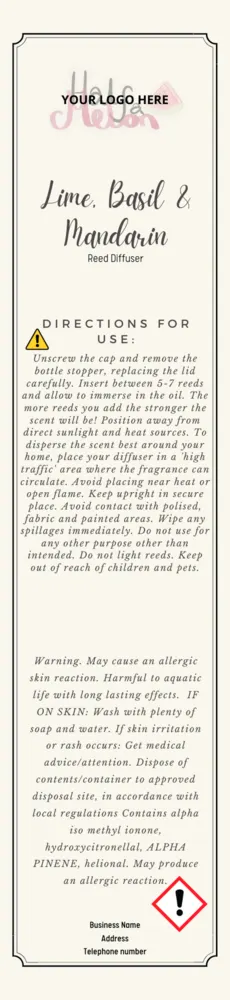 Tall reed diffuser box label with usage directions and a CLP warning panel
