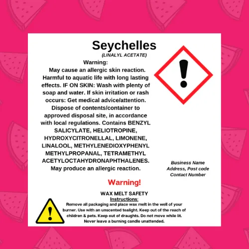 Square CLP label for a wax melt scent with a hazard pictogram, allergen list and safety text